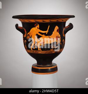 Art inspired by Terracotta bell-krater (mixing bowl), Late Classical, ca. 380–360 B.C., Greek, South Italian, Apulian, Terracotta; red-figure, H. 12 in. (30.5 cm), Vases, Obverse, satyr and maenad. Reverse, two youths. The representation is interesting because the maenad, asleep in an, Classic works modernized by Artotop with a splash of modernity. Shapes, color and value, eye-catching visual impact on art. Emotions through freedom of artworks in a contemporary way. A timeless message pursuing a wildly creative new direction. Artists turning to the digital medium and creating the Artotop NFT Stock Photo