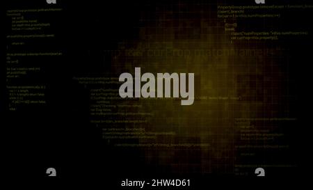 Moving inside the digital computer cyberspace. Motion. Programming data code text and futuristic HUD elements appear on a dark background Stock Photo