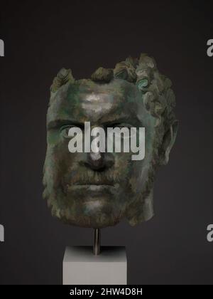 Art inspired by Fragmentary bronze portrait of the emperor Caracalla, Mid-Imperial, Severan, ca. A.D. 212–217, Roman, Bronze, H. 8 1/2 in. (21.6 cm), Bronzes, This portrait depicts Caracalla as a grown man, when he was sole emperor. He succeeded his father, Septimius Severus, who died, Classic works modernized by Artotop with a splash of modernity. Shapes, color and value, eye-catching visual impact on art. Emotions through freedom of artworks in a contemporary way. A timeless message pursuing a wildly creative new direction. Artists turning to the digital medium and creating the Artotop NFT Stock Photo