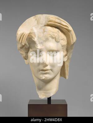 Art inspired by Marble head of a veiled man, Early Imperial, Julio-Claudian, 1st half of 1st century A.D., Roman, Marble, H. 10 in. (25.4 cm), Stone Sculpture, The emperor was the chief state priest, and many statues show him in the act of prayer or sacrifice, with a fold of his toga, Classic works modernized by Artotop with a splash of modernity. Shapes, color and value, eye-catching visual impact on art. Emotions through freedom of artworks in a contemporary way. A timeless message pursuing a wildly creative new direction. Artists turning to the digital medium and creating the Artotop NFT Stock Photo