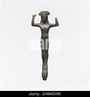 Art inspired by Bronze handle of a patera (shallow basin) in the form of a youth, Archaic, ca. late 6th century B.C., Greek, Bronze, 6 3/4 x 2 5/8 x 5/8 in. (17.1 x 6.7 x 1.6 cm), Bronzes, During the late sixth and fifth centuries B.C., paterae with figural handles were produced in, Classic works modernized by Artotop with a splash of modernity. Shapes, color and value, eye-catching visual impact on art. Emotions through freedom of artworks in a contemporary way. A timeless message pursuing a wildly creative new direction. Artists turning to the digital medium and creating the Artotop NFT Stock Photo