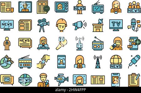 TV reporter icons set outline vector. Studio tv. Camera interview Stock Vector