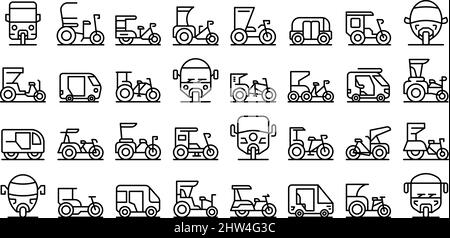 Trishaw icons set outline vector. Pedicab bicycle. Bike indian Stock Vector