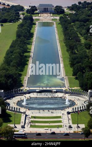 Aerial view of Lincoln Memorial and National World War II Memorial, featuring The Reflecting Pool - Washington DC, USA. Stock Photo