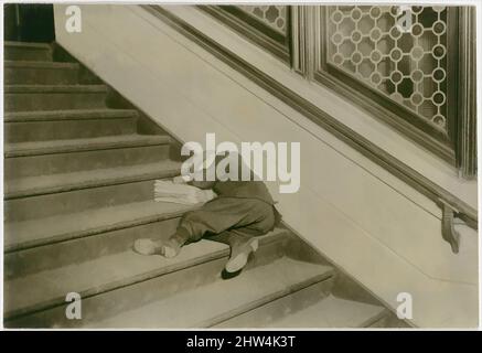 Art inspired by Newsboy asleep on stairs with papers, Jersey City, New Jersey, February 1912, Gelatin silver print, Image: 11.5 x 16.8 cm (4 1/2 x 6 5/8 in.), Photographs, Lewis Hine (American, 1874–1940), The extensive career of Lewis Hine falls into three interrelated bodies of, Classic works modernized by Artotop with a splash of modernity. Shapes, color and value, eye-catching visual impact on art. Emotions through freedom of artworks in a contemporary way. A timeless message pursuing a wildly creative new direction. Artists turning to the digital medium and creating the Artotop NFT Stock Photo