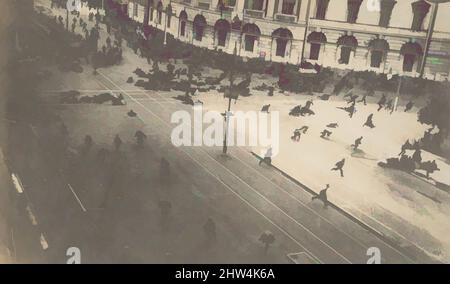 Art inspired by Government Troops Firing on Demonstrators, Corner of Nevsky Prospect and Sadovaya Street, St. Petersburg, Russia, July 4, 1917, Gelatin silver print, 12.2 x 21.5cm (4 13/16 x 8 7/16 in.), Photographs, Karl Karlovich Bulla (Russian, born Germany, 1853–1929, Classic works modernized by Artotop with a splash of modernity. Shapes, color and value, eye-catching visual impact on art. Emotions through freedom of artworks in a contemporary way. A timeless message pursuing a wildly creative new direction. Artists turning to the digital medium and creating the Artotop NFT Stock Photo