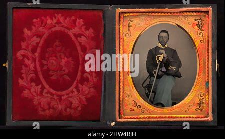 Art inspired by Union Cavalry Officer Displaying Sword, Holding Hat, Seated in Studio, 1861–65, Tintype, Plate: 8.9 x 6.4 cm (3 1/2 x 2 1/2 in.), Photographs, Unknown (American, Classic works modernized by Artotop with a splash of modernity. Shapes, color and value, eye-catching visual impact on art. Emotions through freedom of artworks in a contemporary way. A timeless message pursuing a wildly creative new direction. Artists turning to the digital medium and creating the Artotop NFT Stock Photo