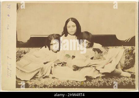 Art inspired by Edith, Ina and Alice Liddell on a Sofa, Summer 1858, Albumen silver print from glass negative, Mount: 4 3/16 in. × 6 7/16 in. (10.7 × 16.3 cm), Photographs, Lewis Carroll (British, Daresbury, Cheshire 1832–1898 Guildford, Classic works modernized by Artotop with a splash of modernity. Shapes, color and value, eye-catching visual impact on art. Emotions through freedom of artworks in a contemporary way. A timeless message pursuing a wildly creative new direction. Artists turning to the digital medium and creating the Artotop NFT