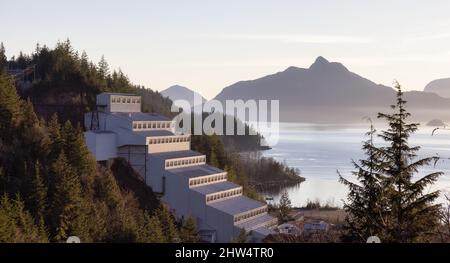 View of Britannia Beach and Britannia Mine Museum during winter season. Stock Photo