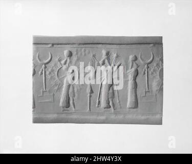 Art inspired by Cylinder seal and modern impression, Neo-Assyrian, ca. 9th–8th century B.C., Mesopotamia, Assyrian, Stone, beige brown, 1.36 in. (3.45 cm), Stone-Cylinder Seals, Classic works modernized by Artotop with a splash of modernity. Shapes, color and value, eye-catching visual impact on art. Emotions through freedom of artworks in a contemporary way. A timeless message pursuing a wildly creative new direction. Artists turning to the digital medium and creating the Artotop NFT Stock Photo