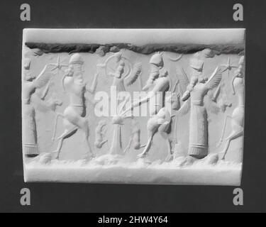 Art inspired by Cylinder seal and modern impression: bull-men flanking deity above sacred tree; winged deity holding horned animal heads, Neo-Assyrian, ca. mid-8th–7th century B.C., Northern Mesopotamia, Assyrian, Chalcedony, 1.24 in. (3.15 cm), Stone-Cylinder Seals, Classic works modernized by Artotop with a splash of modernity. Shapes, color and value, eye-catching visual impact on art. Emotions through freedom of artworks in a contemporary way. A timeless message pursuing a wildly creative new direction. Artists turning to the digital medium and creating the Artotop NFT Stock Photo