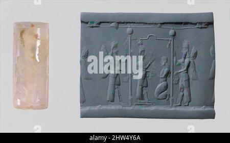 Art inspired by Cylinder seal and modern impression: Ishtar image and a worshiper below a canopy flanked by winged genies, Neo-Assyrian, ca. 8th–7th century B.C., Mesopotamia, Assyrian, Chalcedony, H. 1 1/4 in. (3.1 cm), Stone-Cylinder Seals, Seals of the early first millennium B.C. in, Classic works modernized by Artotop with a splash of modernity. Shapes, color and value, eye-catching visual impact on art. Emotions through freedom of artworks in a contemporary way. A timeless message pursuing a wildly creative new direction. Artists turning to the digital medium and creating the Artotop NFT Stock Photo