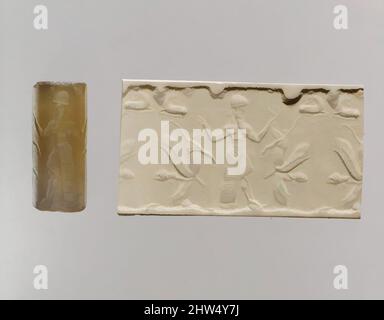 Art inspired by Cylinder seal and modern impression: male figure dominating human-headed winged lions, Neo-Assyrian, ca. 8th–7th century B.C., Mesopotamia, Assyrian, Chalcedony, H. 1 9/16 in. (3.9 cm); Diam. 5/8 in. (1.6 cm), Stone-Cylinder Seals, Although engraved stones had been used, Classic works modernized by Artotop with a splash of modernity. Shapes, color and value, eye-catching visual impact on art. Emotions through freedom of artworks in a contemporary way. A timeless message pursuing a wildly creative new direction. Artists turning to the digital medium and creating the Artotop NFT Stock Photo