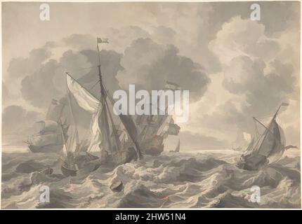 Art inspired by Ships in a Stormy Sea, mid-17th–early 18th century, Pen and brown ink, brown and gray wash, over black chalk., 10 5/16 x 14 3/4 in. (26.2 x 37.5 cm), Drawings, Attributed to Ludolf Bakhuizen (Dutch, Emden 1630–1708 Amsterdam, Classic works modernized by Artotop with a splash of modernity. Shapes, color and value, eye-catching visual impact on art. Emotions through freedom of artworks in a contemporary way. A timeless message pursuing a wildly creative new direction. Artists turning to the digital medium and creating the Artotop NFT Stock Photo
