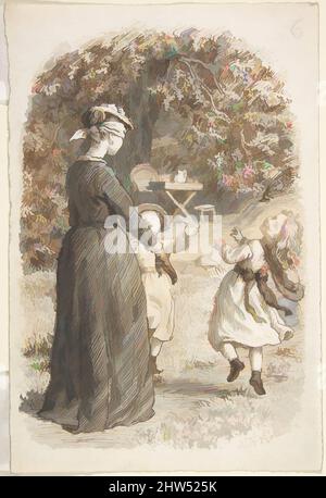 Art inspired by A Mother and Two Children Playing Blind Man's Bluff, 1835–1903, Pen and dark brown and reddish-brown ink, brush and grey wash over traces of graphite., 7 3/16 x 4 13/16 in. (18.2 x 12.2 cm), Drawings, Lorenz Frølich (Danish, Copenhagen 1820–1908 Hellerup, Classic works modernized by Artotop with a splash of modernity. Shapes, color and value, eye-catching visual impact on art. Emotions through freedom of artworks in a contemporary way. A timeless message pursuing a wildly creative new direction. Artists turning to the digital medium and creating the Artotop NFT Stock Photo