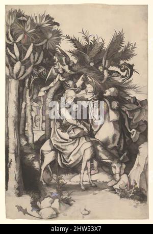 Art inspired by Rest on the Flight into Egypt, 15th century, Engraving, 9-15/16 x 6-5/8 in, Prints, Martin Schongauer (German, Colmar ca. 1435/50–1491 Breisach, Classic works modernized by Artotop with a splash of modernity. Shapes, color and value, eye-catching visual impact on art. Emotions through freedom of artworks in a contemporary way. A timeless message pursuing a wildly creative new direction. Artists turning to the digital medium and creating the Artotop NFT Stock Photo