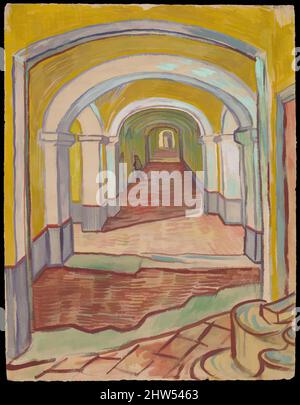 Art inspired by Corridor in the Asylum, September 1889, Oil color and essence over black chalk on pink laid ('Ingres') paper, 25 5/8 x 19 5/16in. (65.1 x 49.1cm), Drawings, Vincent van Gogh (Dutch, Zundert 1853–1890 Auvers-sur-Oise), This haunting view of a sharply receding corridor is, Classic works modernized by Artotop with a splash of modernity. Shapes, color and value, eye-catching visual impact on art. Emotions through freedom of artworks in a contemporary way. A timeless message pursuing a wildly creative new direction. Artists turning to the digital medium and creating the Artotop NFT Stock Photo
