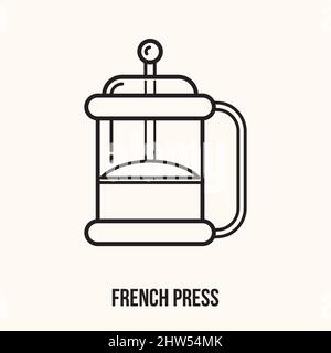 French press for coffee or tea. Coffee Production. Glass teapot. Design elements, perfect for coffee shops and cafes. Stock Vector