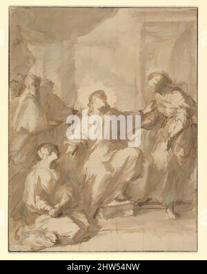 Art inspired by Christ in the House of Martha and Mary, n.d., Pen and brown ink, brown and gray wash, over traces of graphite. Squared in red chalk and graphite., 7 11/16 x 5 15/16 in. (19.6 x 15.1 cm), Drawings, Ferdinand Pierre Joseph Ignace Delamonce (French, Munich 1678–1753 Lyon, Classic works modernized by Artotop with a splash of modernity. Shapes, color and value, eye-catching visual impact on art. Emotions through freedom of artworks in a contemporary way. A timeless message pursuing a wildly creative new direction. Artists turning to the digital medium and creating the Artotop NFT Stock Photo