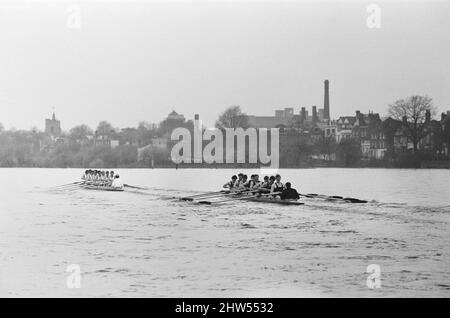 The Oxford verses Cambridge Boat Race, on the River Thames, March 1968.    The 114th Boat Race took place on 30 March 1968. Held annually, the event is a side-by-side rowing race between crews from the Universities of Oxford and Cambridge along the River Thames. The race, umpired by Harold Rickett, was won by Cambridge by three-and-a-half lengths. Goldie won the reserve race and Cambridge won the Women's Boat Race.  The race was held from the starting point at Putney Bridge on The River Thames in London, to the finish line at Chiswick Bridge in the Mortlake area of West London.  The Boat Race Stock Photo