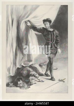 Art inspired by Hamlet and the Corpse of Polonius, 1835, Lithograph; second state of four, Image: 10 1/16 x 6 15/16 in. (25.5 x 17.7 cm), Prints, Eugène Delacroix (French, Charenton-Saint-Maurice 1798–1863 Paris), In 1834 Delacroix began a series of lithographs devoted to Hamlet, Classic works modernized by Artotop with a splash of modernity. Shapes, color and value, eye-catching visual impact on art. Emotions through freedom of artworks in a contemporary way. A timeless message pursuing a wildly creative new direction. Artists turning to the digital medium and creating the Artotop NFT Stock Photo
