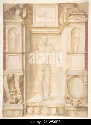 Art inspired by Study of a Figure in a Niche (Saint Ambrose; recto); Architectural Studies: Four Alternative Designs for Fictive Niches and an Unrelated Design with Garlands (verso), ca. 1560-67, 1564–65, Pen and brown ink, brush with pale brown and purple wash, over soft black chalk (, Classic works modernized by Artotop with a splash of modernity. Shapes, color and value, eye-catching visual impact on art. Emotions through freedom of artworks in a contemporary way. A timeless message pursuing a wildly creative new direction. Artists turning to the digital medium and creating the Artotop NFT Stock Photo