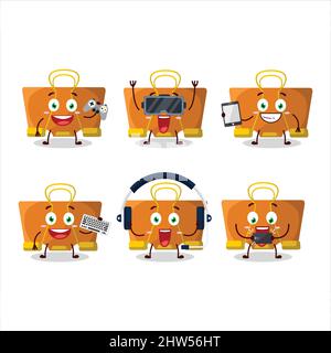 Orange binder clip cartoon character are playing games with various cute emoticons. Vector illustration Stock Vector