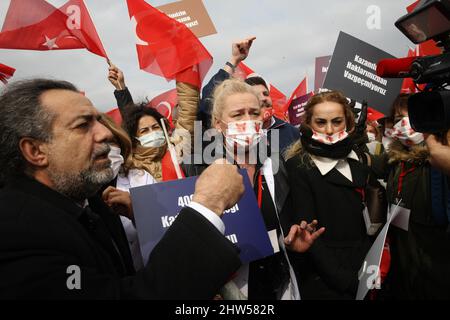 Aestheticians take part in a protest against the ongoing economic crisis in Istanbul, Turkey, on Sunday, February 27, 2022. Credit: GocherImagery/MediaPunch Stock Photo