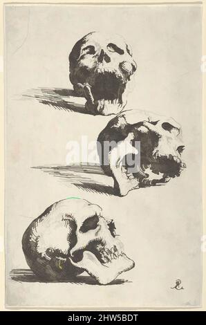 Art inspired by Three human skulls, study for 'Democritus in Meditation', 1662, Etching, Sheet: 5 9/16 × 3 5/8 in. (14.2 × 9.2 cm), Prints, Salvator Rosa (Italian, Arenella (Naples) 1615–1673 Rome, Classic works modernized by Artotop with a splash of modernity. Shapes, color and value, eye-catching visual impact on art. Emotions through freedom of artworks in a contemporary way. A timeless message pursuing a wildly creative new direction. Artists turning to the digital medium and creating the Artotop NFT Stock Photo