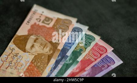 Pakistan 5000, 1000, 500, 100 and 50 rupees banknotes Stock Photo