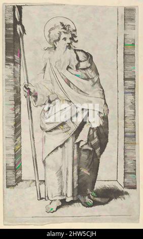 Art inspired by Saint Matthias, ca. 1500–1534, Engraving, 3 1/4 x 2 in. (8.3 x 5.1 cm), Prints, Marcantonio Raimondi (Italian, Argini (?) ca. 1480–before 1534 Bologna (?)), After Raphael (Raffaello Sanzio or Santi) (Italian, Urbino 1483–1520 Rome, Classic works modernized by Artotop with a splash of modernity. Shapes, color and value, eye-catching visual impact on art. Emotions through freedom of artworks in a contemporary way. A timeless message pursuing a wildly creative new direction. Artists turning to the digital medium and creating the Artotop NFT Stock Photo