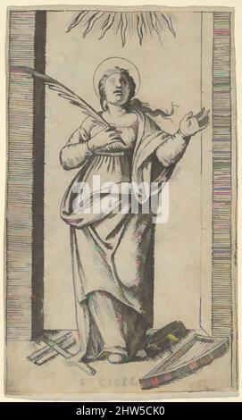 Art inspired by Saint Cecilia standing holding a palm of martyrdom in her right hand, from the series 'Piccoli Santi' (Small Saints), ca. 1500–1527, Engraving, 3 1/4 x 1 15/16 in. (8.3 x 4.9 cm), Prints, Marcantonio Raimondi (Italian, Argini (?) ca. 1480–before 1534 Bologna, Classic works modernized by Artotop with a splash of modernity. Shapes, color and value, eye-catching visual impact on art. Emotions through freedom of artworks in a contemporary way. A timeless message pursuing a wildly creative new direction. Artists turning to the digital medium and creating the Artotop NFT Stock Photo