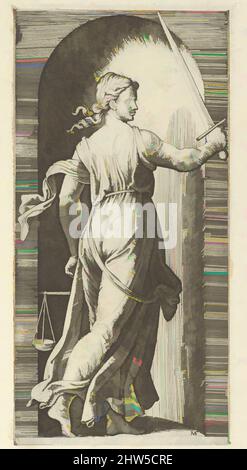Art inspired by Justice personified by a young woman holding a sword in her raised right hand, scales in her left, from 'The Virtues', ca. 1515–25, Engraving, 8 7/16 x 4 1/4 in. (21.4 x 10.8 cm), Prints, Marcantonio Raimondi (Italian, Argini (?) ca. 1480–before 1534 Bologna, Classic works modernized by Artotop with a splash of modernity. Shapes, color and value, eye-catching visual impact on art. Emotions through freedom of artworks in a contemporary way. A timeless message pursuing a wildly creative new direction. Artists turning to the digital medium and creating the Artotop NFT Stock Photo