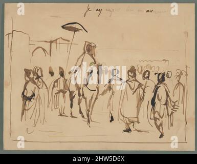 Art inspired by Study for 'The Sultan of Morocco and His Entourage', 1832–33, Brush and brown ink on heavy laid paper, Overall: 7 5/8 x 9 15/16 in. (19.4 x 25.2 cm), Drawings, Eugène Delacroix (French, Charenton-Saint-Maurice 1798–1863 Paris, Classic works modernized by Artotop with a splash of modernity. Shapes, color and value, eye-catching visual impact on art. Emotions through freedom of artworks in a contemporary way. A timeless message pursuing a wildly creative new direction. Artists turning to the digital medium and creating the Artotop NFT Stock Photo