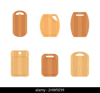 Set of wooden cutting boards. Kitchen tools of various shapes. Top view. Vector illustration in flat cartoon style Stock Vector