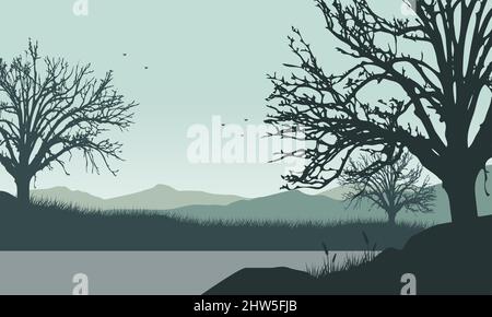 Great mountains view from the lakeside in the morning with the silhouettes of big dry trees all around. Vector illustration of a city Stock Vector