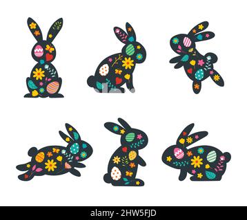 Happy easter rabbits and decorated with flowers. Stock Vector