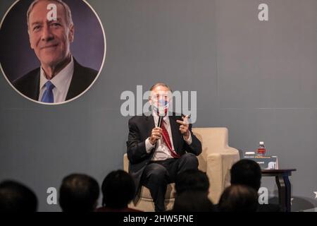 Taipei, Taiwan. 04th Mar, 2022. Former US secretary of state Mike Pompeo answers questions of the participants during the prospect foundation forum. Credit: SOPA Images Limited/Alamy Live News Stock Photo