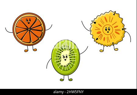 Cute fruit friends in cartoon style. Orange, kiwi and pineapple vitamin characters smiling and waving hello together Stock Vector