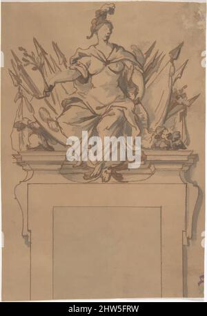 Art inspired by Design for an Overdoor or Chimney Piece with an Armorial Trophy and the personification of Victory, 18th century, Pen and wash, sheet: 4 3/8 x 6 in. (11.1 x 15.2 cm), Anonymous, French, 18th century, Classic works modernized by Artotop with a splash of modernity. Shapes, color and value, eye-catching visual impact on art. Emotions through freedom of artworks in a contemporary way. A timeless message pursuing a wildly creative new direction. Artists turning to the digital medium and creating the Artotop NFT Stock Photo