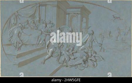 Art inspired by Fight Between Perseus And Phineus in the Palace of Cephus, late 17th–early 18th century, Pen and brown ink, brown wash, heightened with white on blue paper., sheet: 6 1/4 x 10 13/16 in. (15.9 x 27.5 cm), Drawings, Circle of Bernard Picart (French, Paris 1673–1733, Classic works modernized by Artotop with a splash of modernity. Shapes, color and value, eye-catching visual impact on art. Emotions through freedom of artworks in a contemporary way. A timeless message pursuing a wildly creative new direction. Artists turning to the digital medium and creating the Artotop NFT Stock Photo