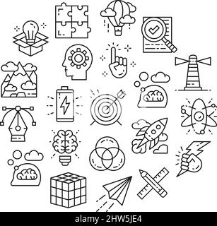 Creative line icon set. Innovation, startup, artwork, project, idea icons in a circle isolated on white background. Stock Vector