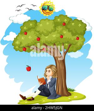 Isaac Newton sitting under apple tree illustration Stock Vector