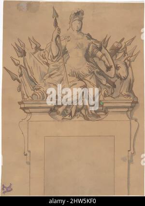 Art inspired by Design for an Overdoor or Chimney Piece with an Armorial Trophy and the Figure of Minerva, 18th century, Pen and brown ink, brush and gray and black wash., sheet: 6 x 4 7/16 in. (15.2 x 11.2 cm), Anonymous, French, 18th century, Classic works modernized by Artotop with a splash of modernity. Shapes, color and value, eye-catching visual impact on art. Emotions through freedom of artworks in a contemporary way. A timeless message pursuing a wildly creative new direction. Artists turning to the digital medium and creating the Artotop NFT Stock Photo