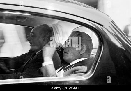 Greek shipping tycoon Aristotle Onassis attends the Law Courts in London to sue 77 year old Panaghis Vergottis, a Greek ship owner in connection with a deal involving the £1,200,000 freighter 'Artemision 11'.Picture shows Aristotle Onassis at the Law Courts. 17th April 1967. Stock Photo