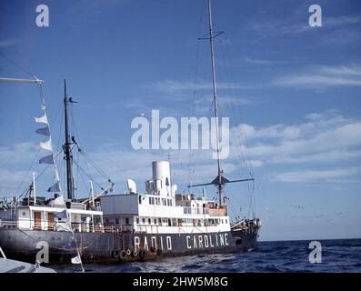 Radio Caroline Pirate Radio ship, MV Caroline anchored 4 miles off Ramsey Harbour, Isle of Man. August 1967. Stock Photo