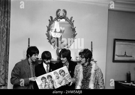 Press launch of 'Sgt. Pepper's Lonely Hearts Club Band' the eighth studio album by The Beatles May 1967. Pictured at house in Chapel St. Belgravia London May 1967.  *** Local Caption *** John Lennon Ringo Starr Paul McCartney George Harrison Stock Photo