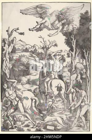 Art inspired by Zeus as an eagle, abducting Ganymede, 1500–1510, Woodcut (this appears to be a later impression), Sheet: 14 3/16 × 9 13/16 in. (36 × 25 cm), Prints, Giovanni Battista Palumba (Italian, active ca. 1500–1520), Among Jupiter's many loves was the boy Ganymede, whom the god, Classic works modernized by Artotop with a splash of modernity. Shapes, color and value, eye-catching visual impact on art. Emotions through freedom of artworks in a contemporary way. A timeless message pursuing a wildly creative new direction. Artists turning to the digital medium and creating the Artotop NFT Stock Photo