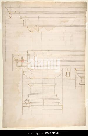 Art inspired by Palazzo Massimo alle Colonne, entablature, elevation (recto); Portico, Doric capital and entablature, elevation and Unknown, Corinthian cornice, elevation (verso), early to mid-16th century, Dark brown ink, black chalk, and incised lines, sheet: 17 5/16 x 11 7/16 in. (, Classic works modernized by Artotop with a splash of modernity. Shapes, color and value, eye-catching visual impact on art. Emotions through freedom of artworks in a contemporary way. A timeless message pursuing a wildly creative new direction. Artists turning to the digital medium and creating the Artotop NFT