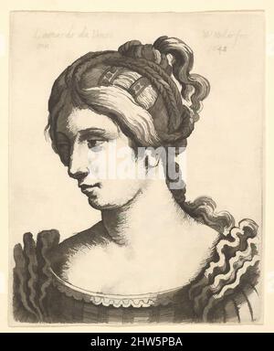 Art inspired by Bust of a woman looking downwards towards left with elaborately decorated hair, 1648, Etching; only state, Plate: 2 11/16 × 2 3/16 in. (6.8 × 5.6 cm), Prints, After Leonardo da Vinci (Italian, Vinci 1452–1519 Amboise), A young woman with elaborately decorated plaited, Classic works modernized by Artotop with a splash of modernity. Shapes, color and value, eye-catching visual impact on art. Emotions through freedom of artworks in a contemporary way. A timeless message pursuing a wildly creative new direction. Artists turning to the digital medium and creating the Artotop NFT Stock Photo
